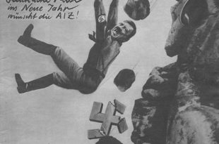 Am 1. Januar 1933 erscheint die AIZ mit einem Cover, auf dem Hitler von einem Felden zwischen Felsbrocken und anderen fallenden Politkern und einem zerbrochenen Hakenkreuz in die Tiefe stürzt. Titel: Glückliche Reise ins Neue Jahr wünscht die AIZ!